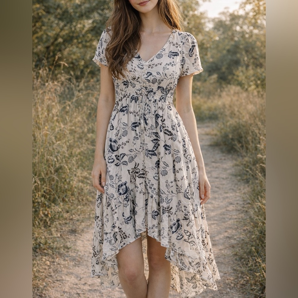 Vintage Y2K Cream Blue Botanical Floral High Low Cottagecore Dress S Prairie - Picture 12 of 12